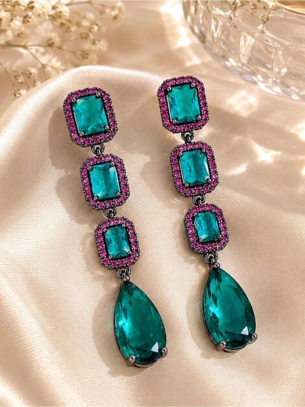 Emerald Green Drop Earrings | Statement Dangle Earrings - Picture 6 of 6